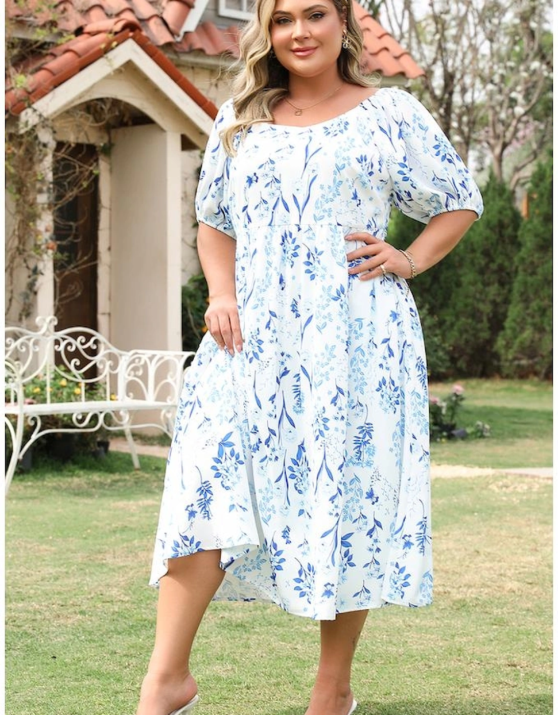 Sky Blue Floral Print Sweetheart Neck Plus Size Midi Dress