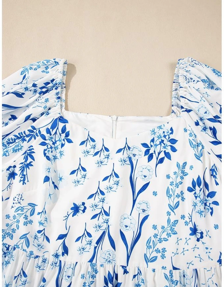 Sky Blue Floral Print Sweetheart Neck Plus Size Midi Dress