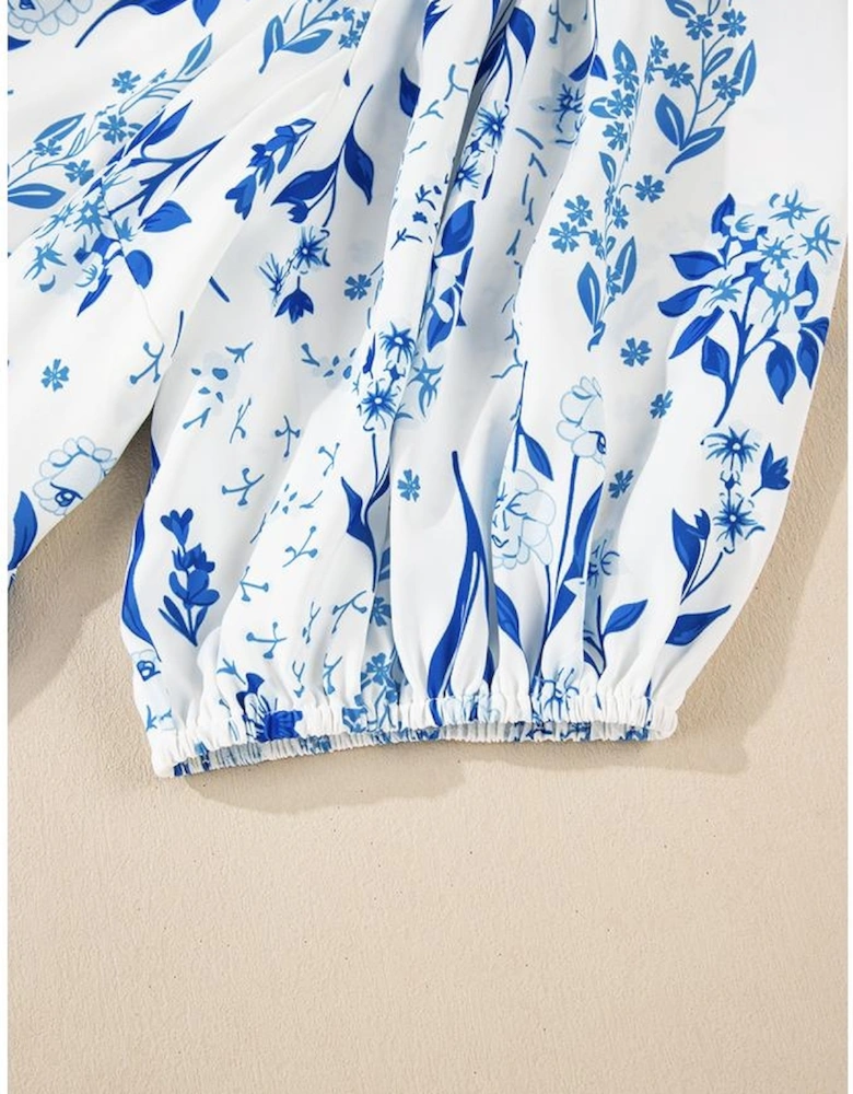 Sky Blue Floral Print Sweetheart Neck Plus Size Midi Dress