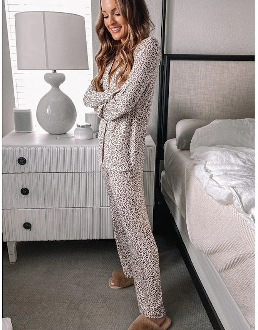 White Leopard Print Long Sleeve and Pants Pajamas Set, 12 of 11