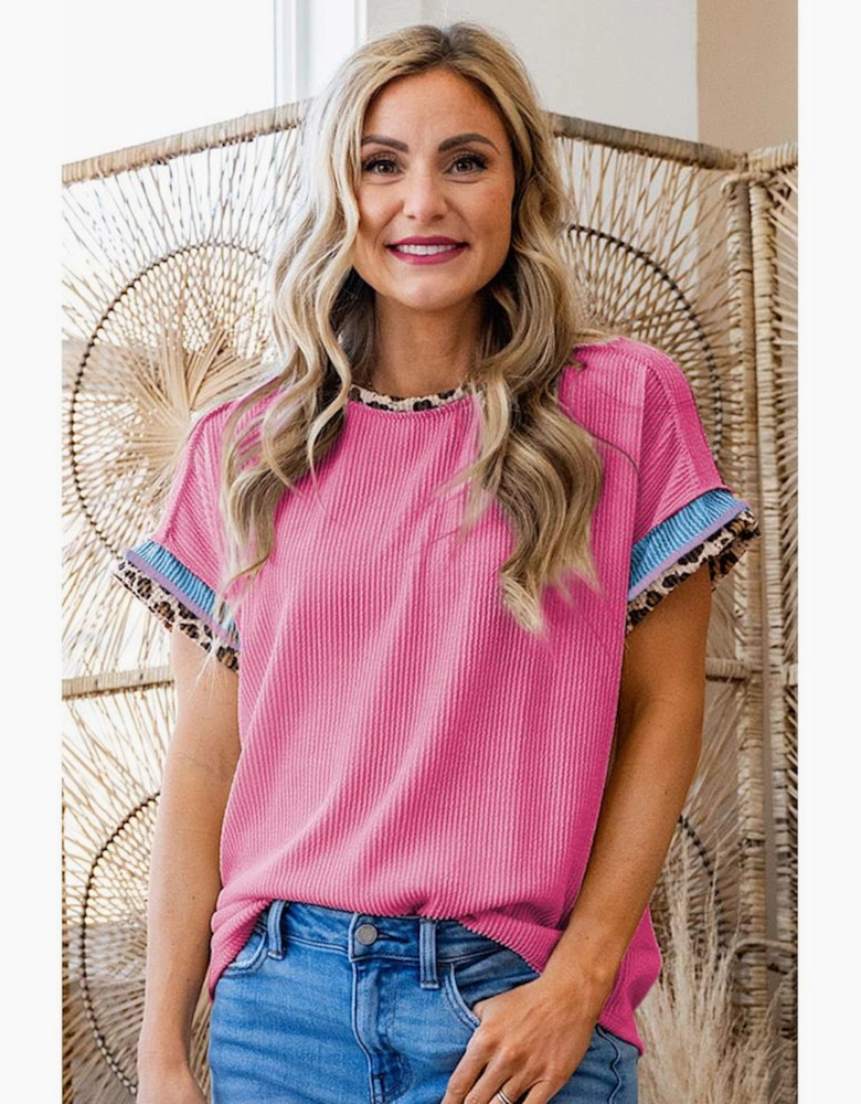 Bonbon Leopard Patchwork Corded Knit Crew Neck T Shirt
