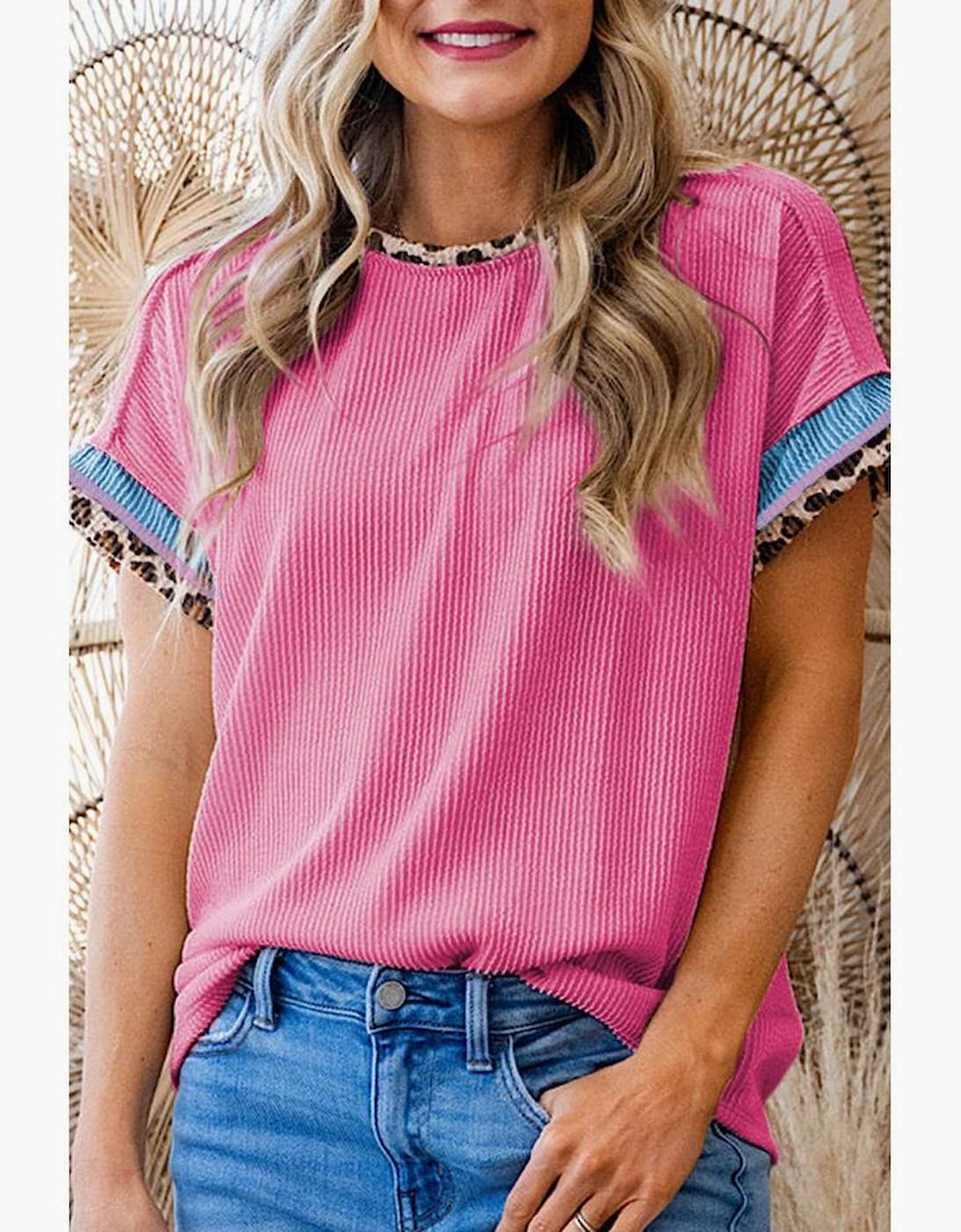 Bonbon Leopard Patchwork Corded Knit Crew Neck T Shirt