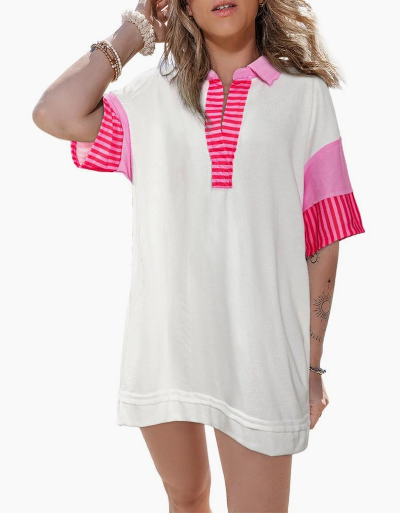 White Stripe Colorblock Patchwork Short Sleeve T Shirt Dress
