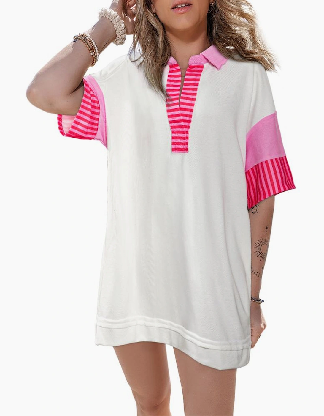 White Stripe Colorblock Patchwork Short Sleeve T Shirt Dress