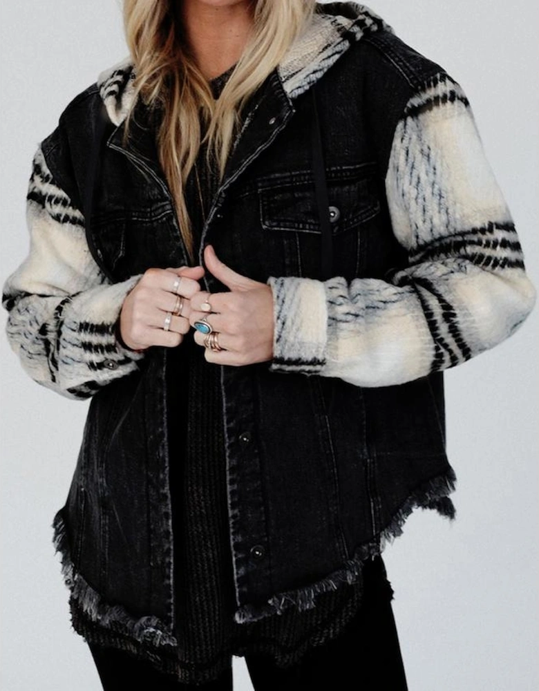 Black Plaid Sleeve Frayed Hem Hooded Denim Jacket