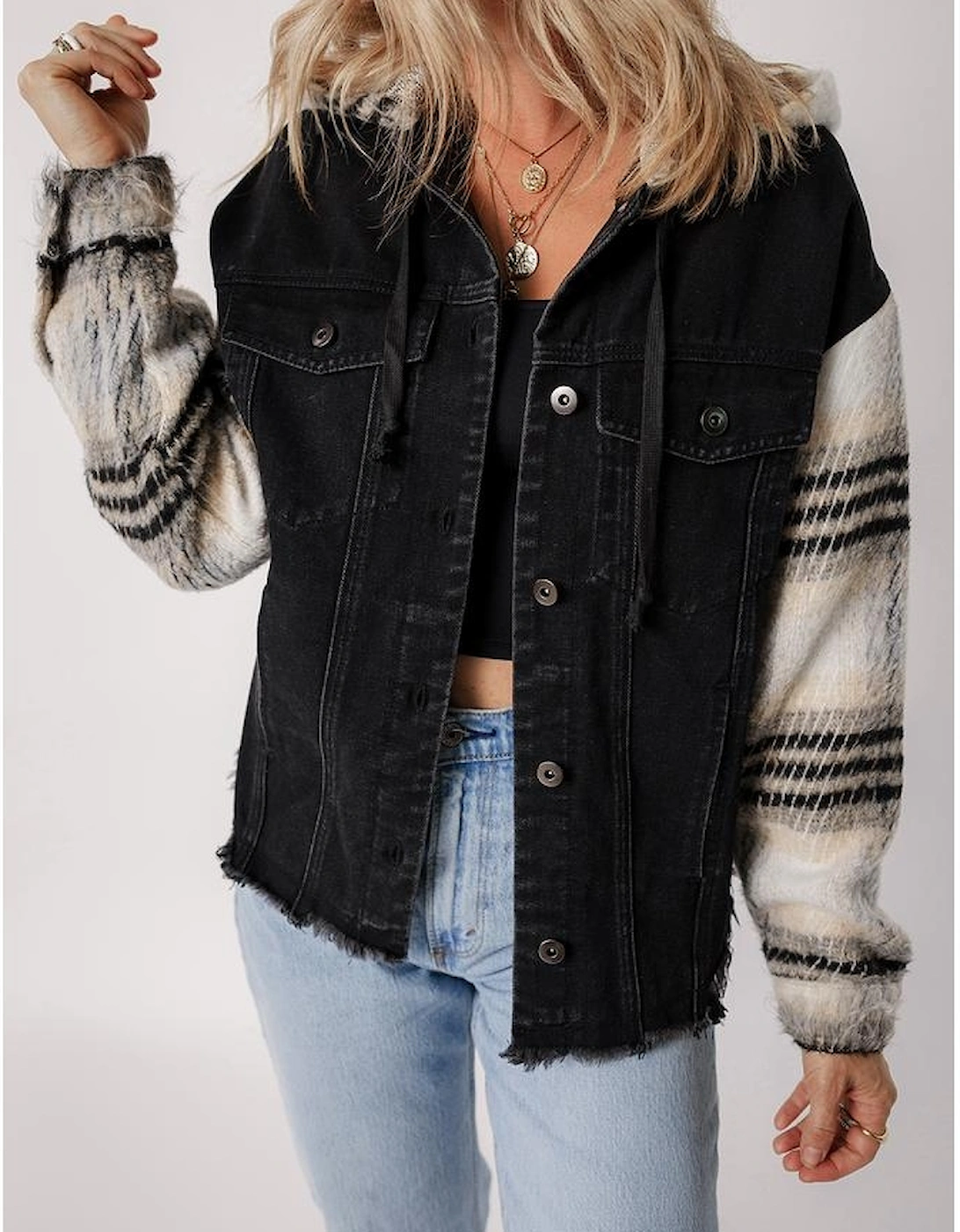 Black Plaid Sleeve Frayed Hem Hooded Denim Jacket