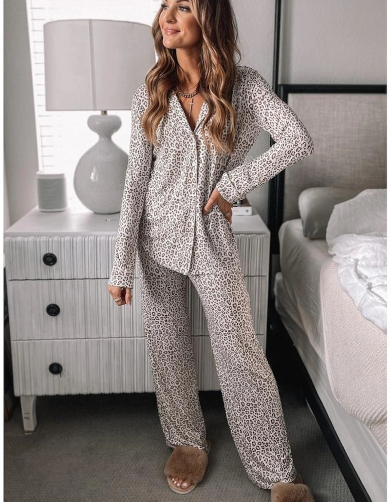 White Leopard Print Long Sleeve and Pants Pajamas Set