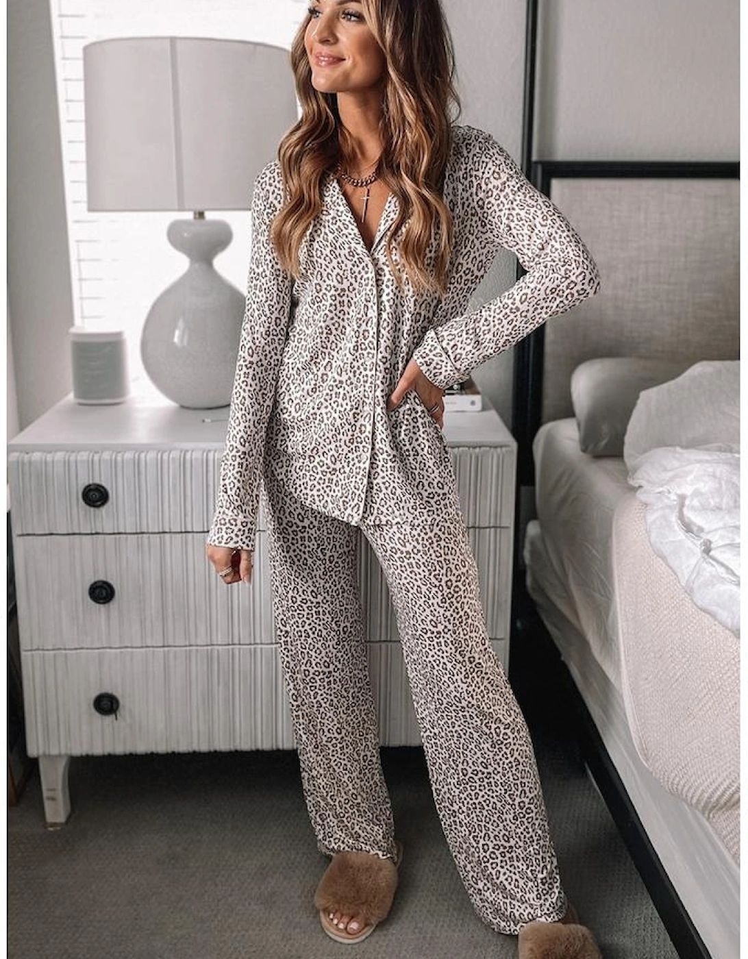 White Leopard Print Long Sleeve and Pants Pajamas Set