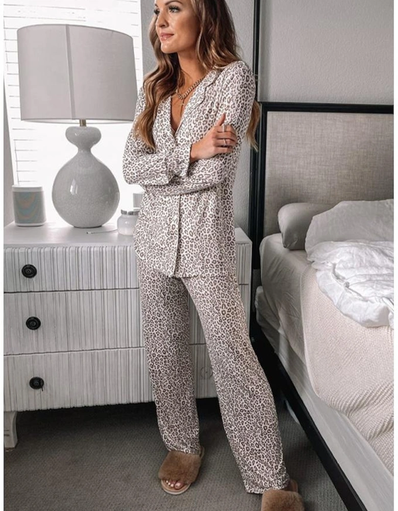 White Leopard Print Long Sleeve and Pants Pajamas Set