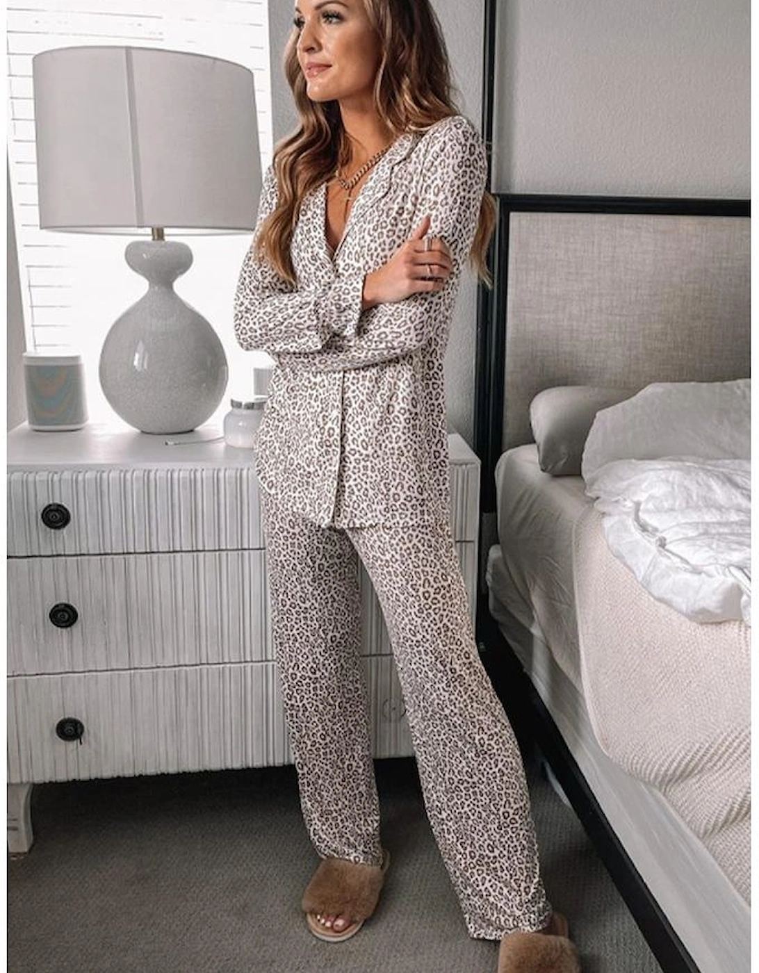 White Leopard Print Long Sleeve and Pants Pajamas Set