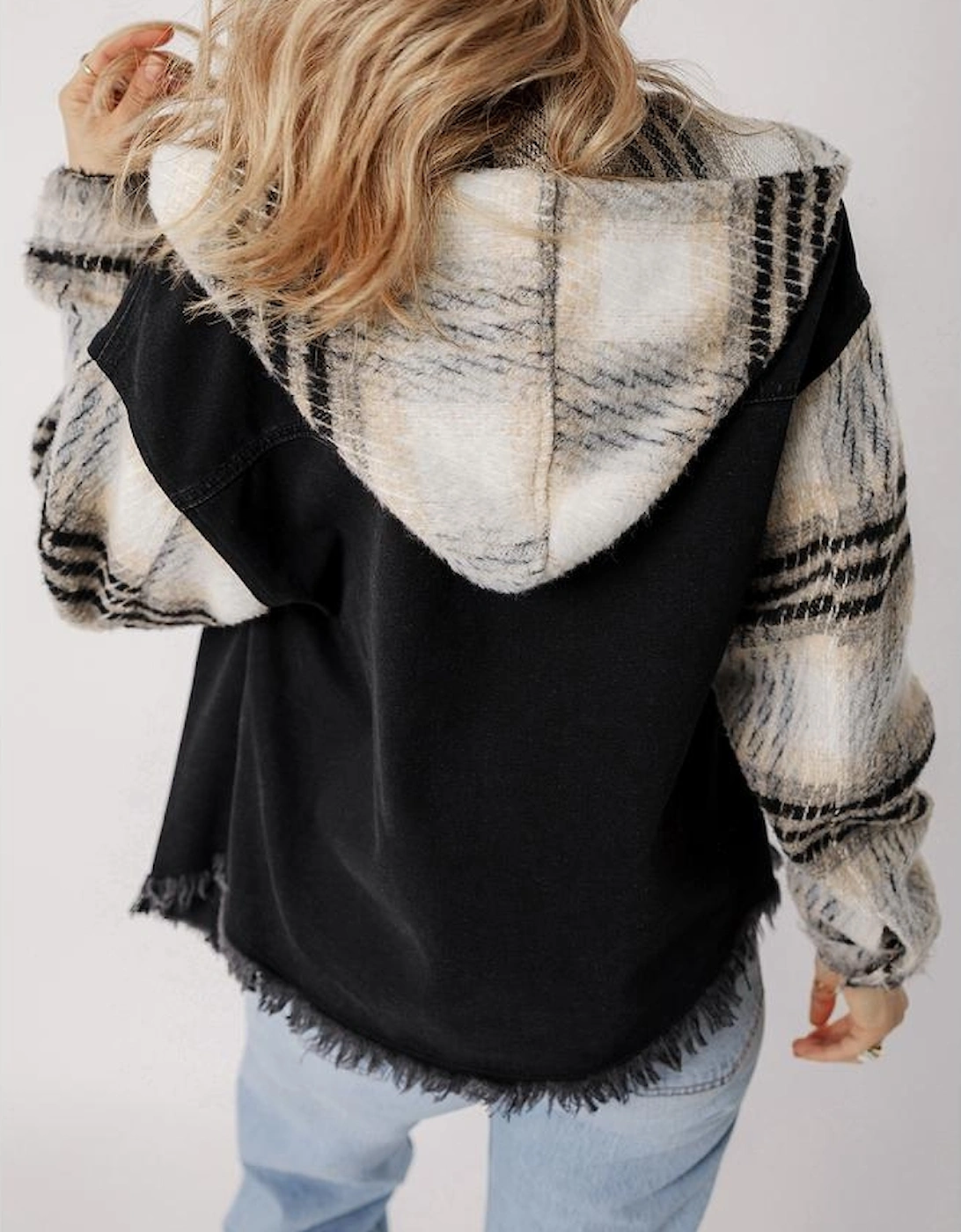 Black Plaid Sleeve Frayed Hem Hooded Denim Jacket