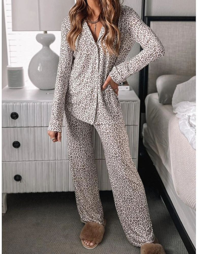 White Leopard Print Long Sleeve and Pants Pajamas Set