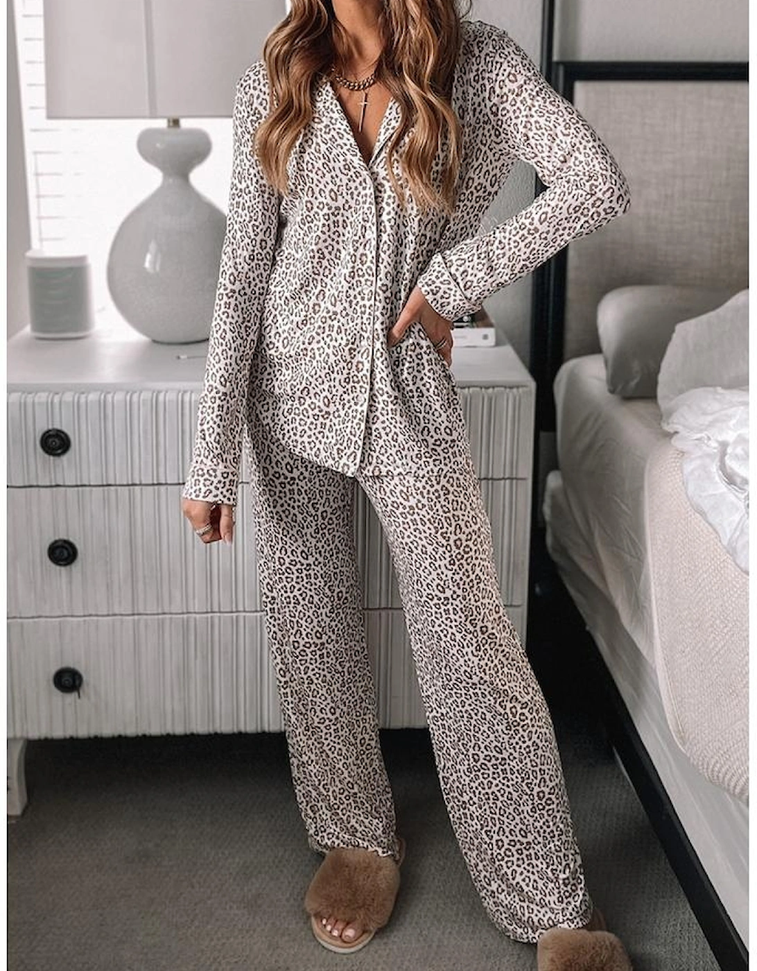 White Leopard Print Long Sleeve and Pants Pajamas Set