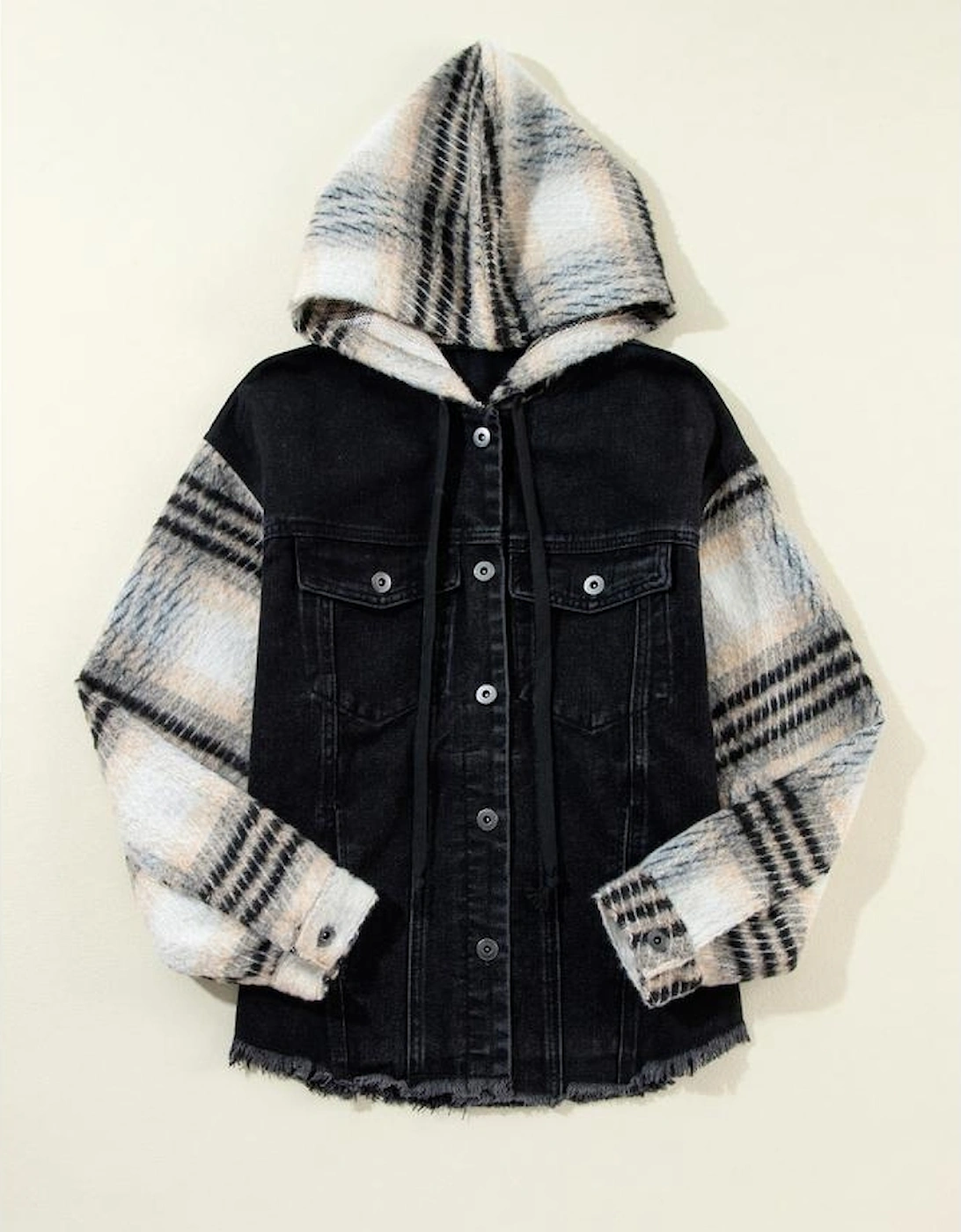 Black Plaid Sleeve Frayed Hem Hooded Denim Jacket