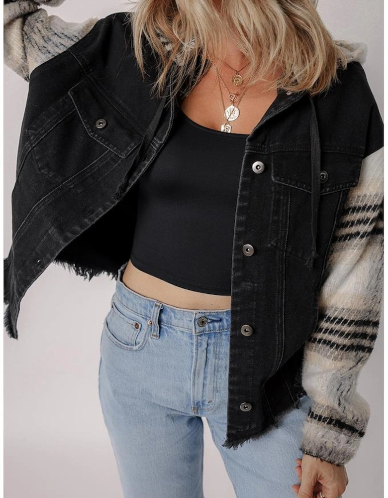 Black Plaid Sleeve Frayed Hem Hooded Denim Jacket