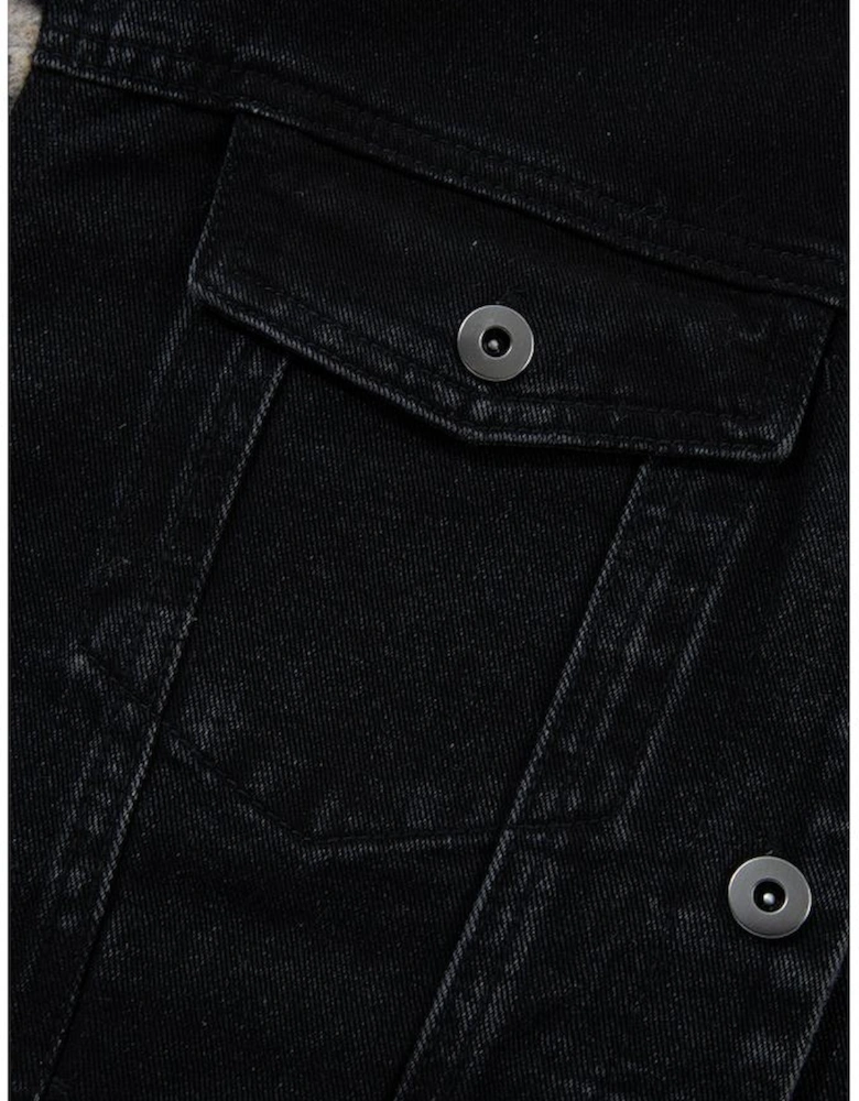 Black Plaid Sleeve Frayed Hem Hooded Denim Jacket