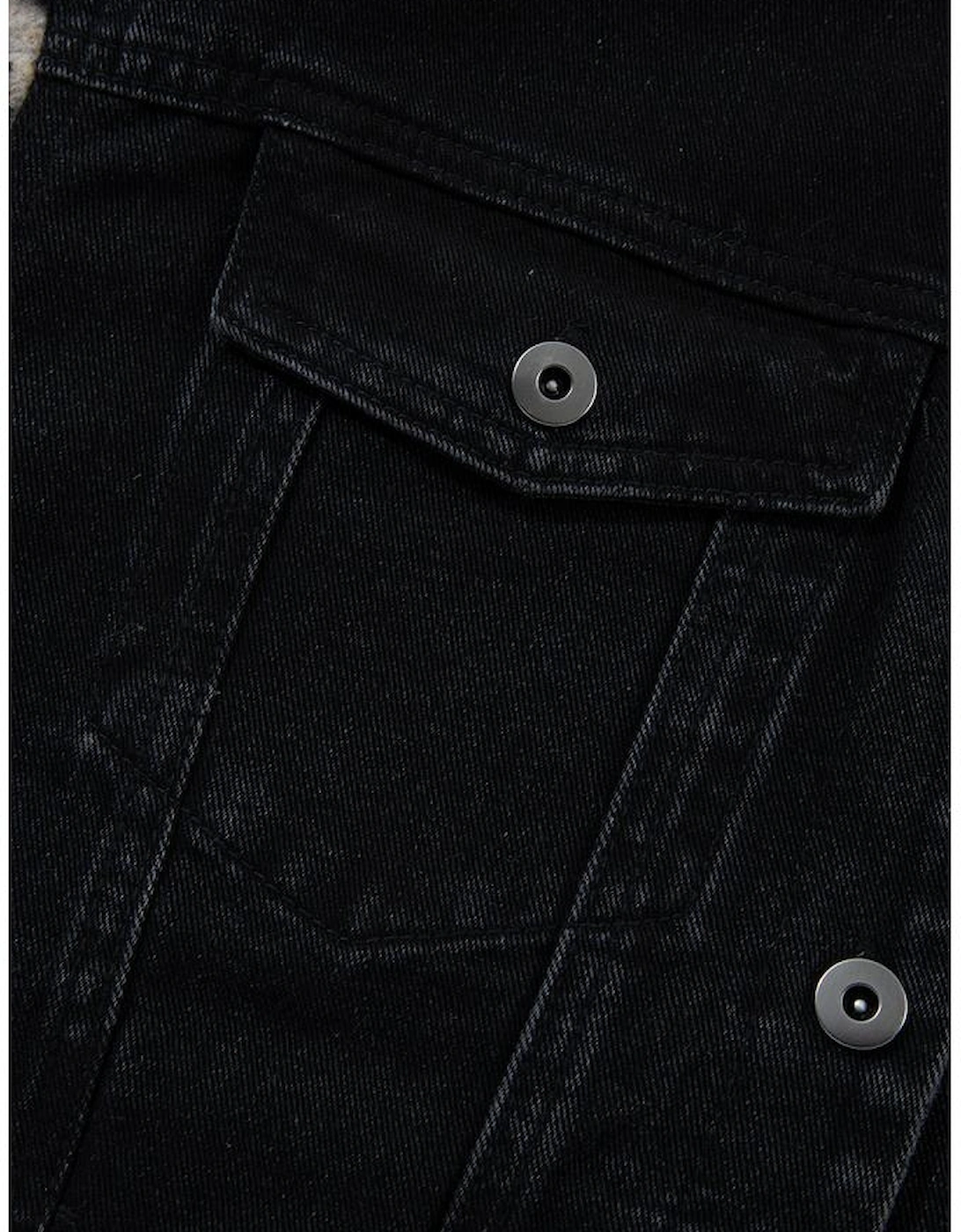 Black Plaid Sleeve Frayed Hem Hooded Denim Jacket