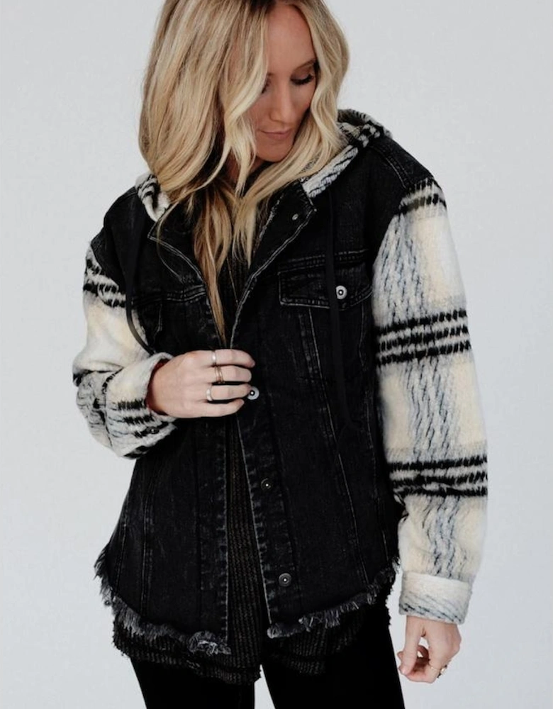 Black Plaid Sleeve Frayed Hem Hooded Denim Jacket