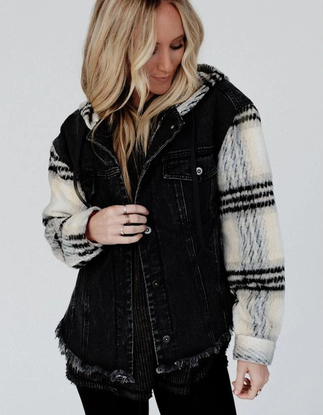 Black Plaid Sleeve Frayed Hem Hooded Denim Jacket
