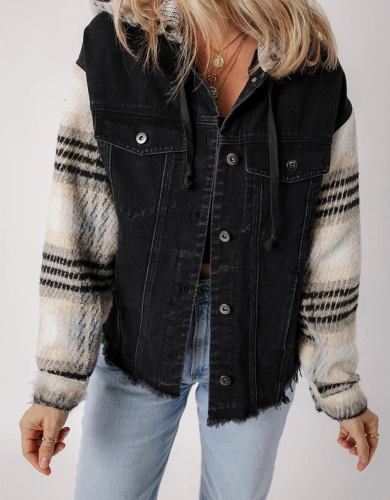 Black Plaid Sleeve Frayed Hem Hooded Denim Jacket