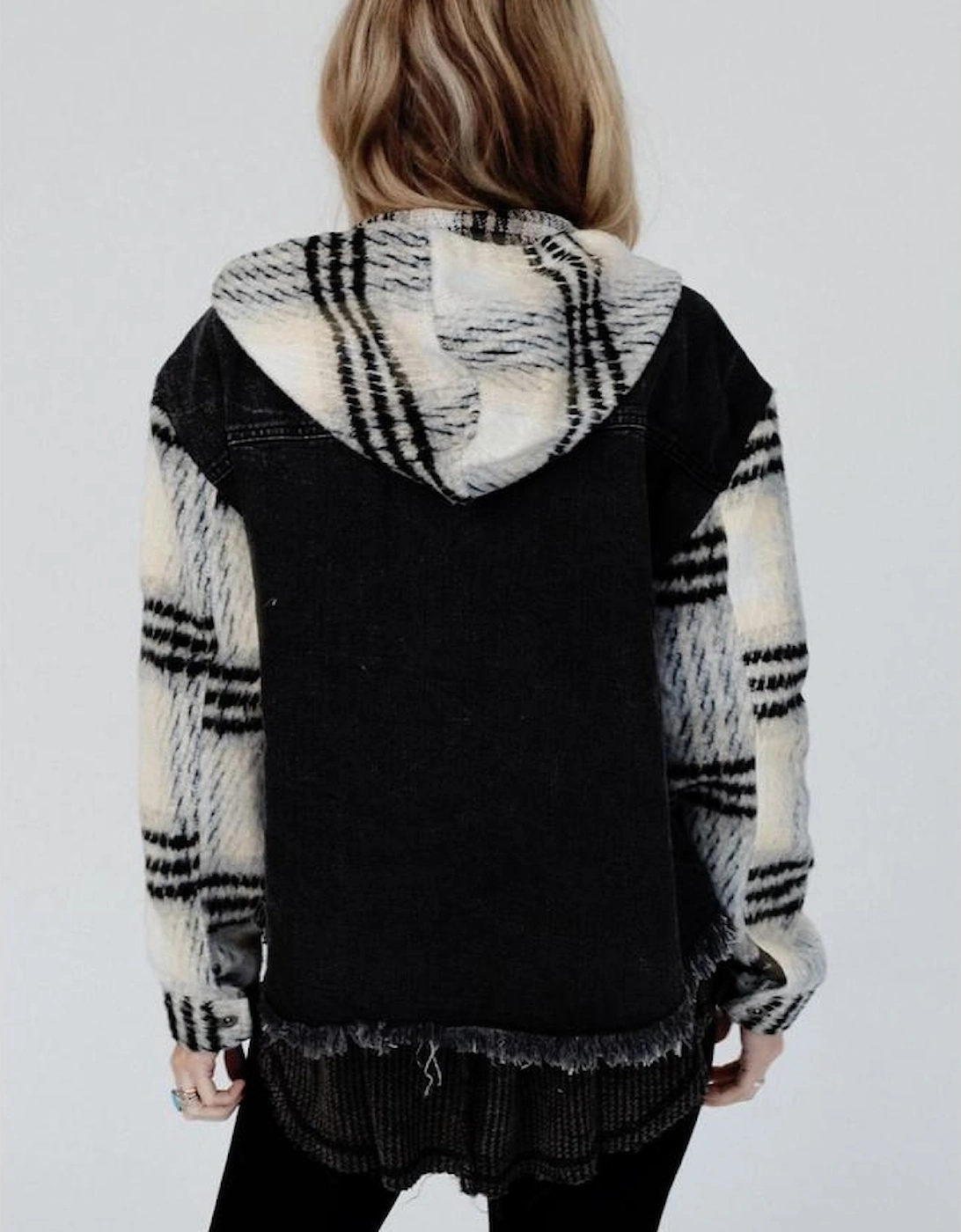 Black Plaid Sleeve Frayed Hem Hooded Denim Jacket