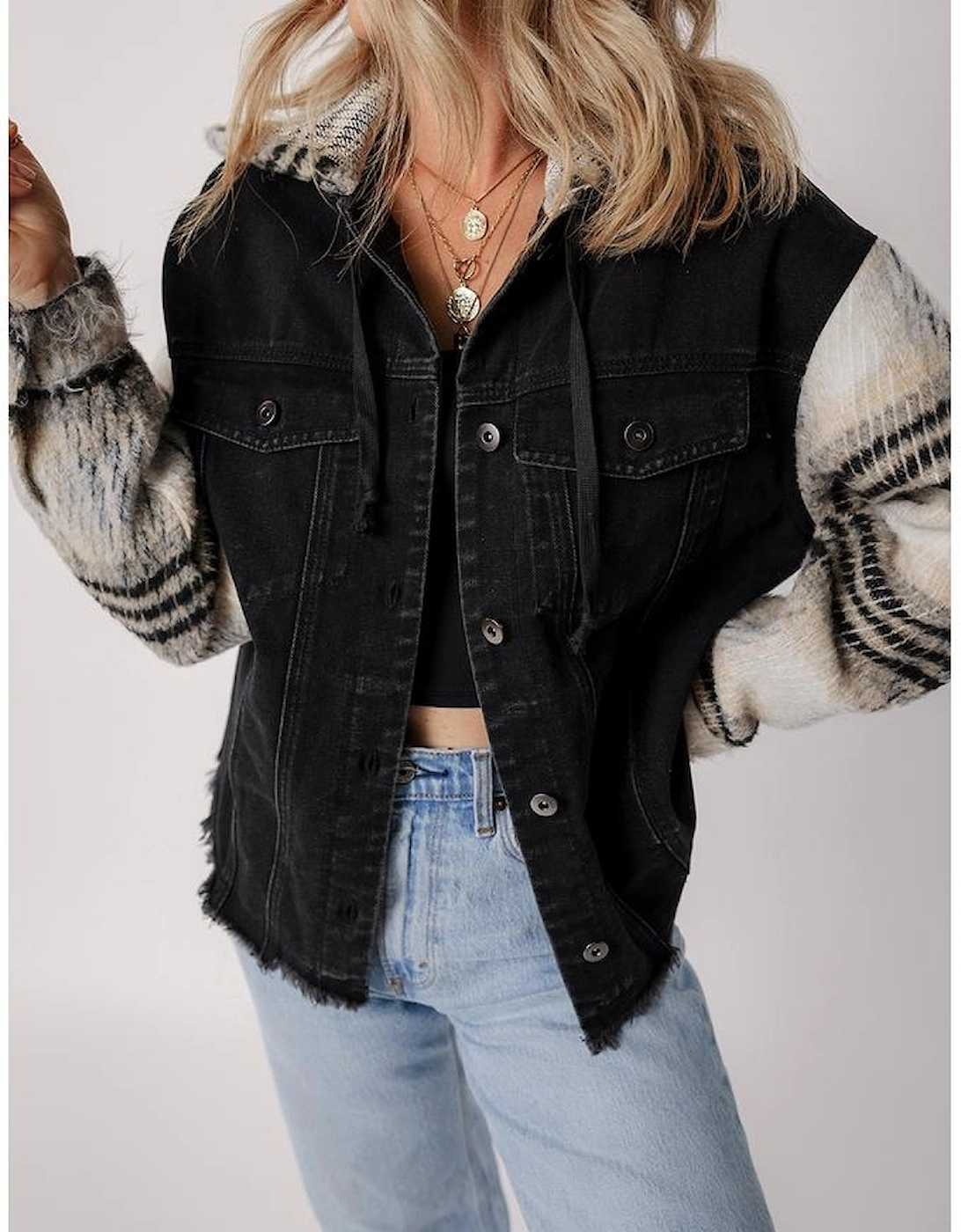 Black Plaid Sleeve Frayed Hem Hooded Denim Jacket