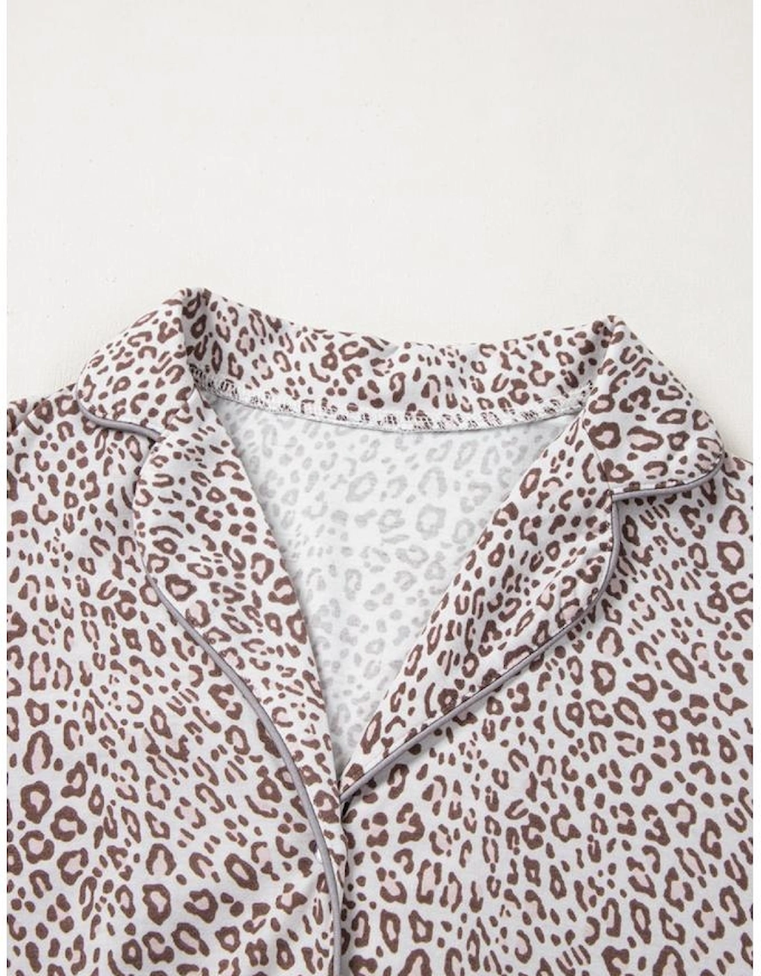 White Leopard Print Long Sleeve and Pants Pajamas Set