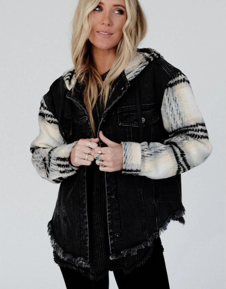 Black Plaid Sleeve Frayed Hem Hooded Denim Jacket
