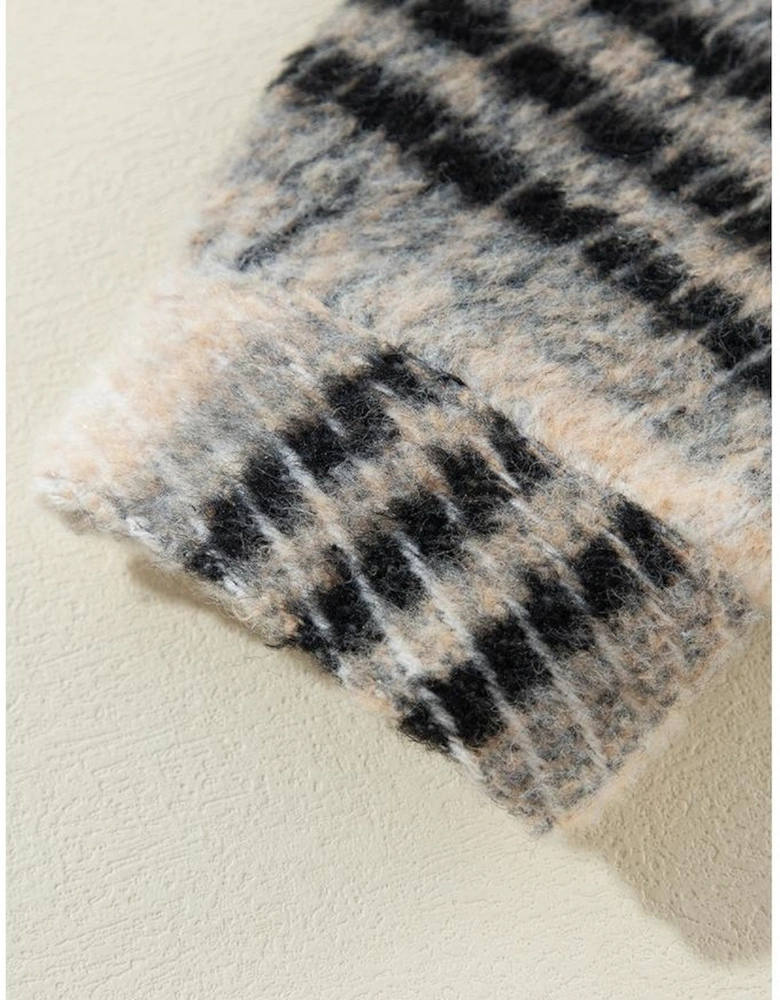 Black Plaid Sleeve Frayed Hem Hooded Denim Jacket