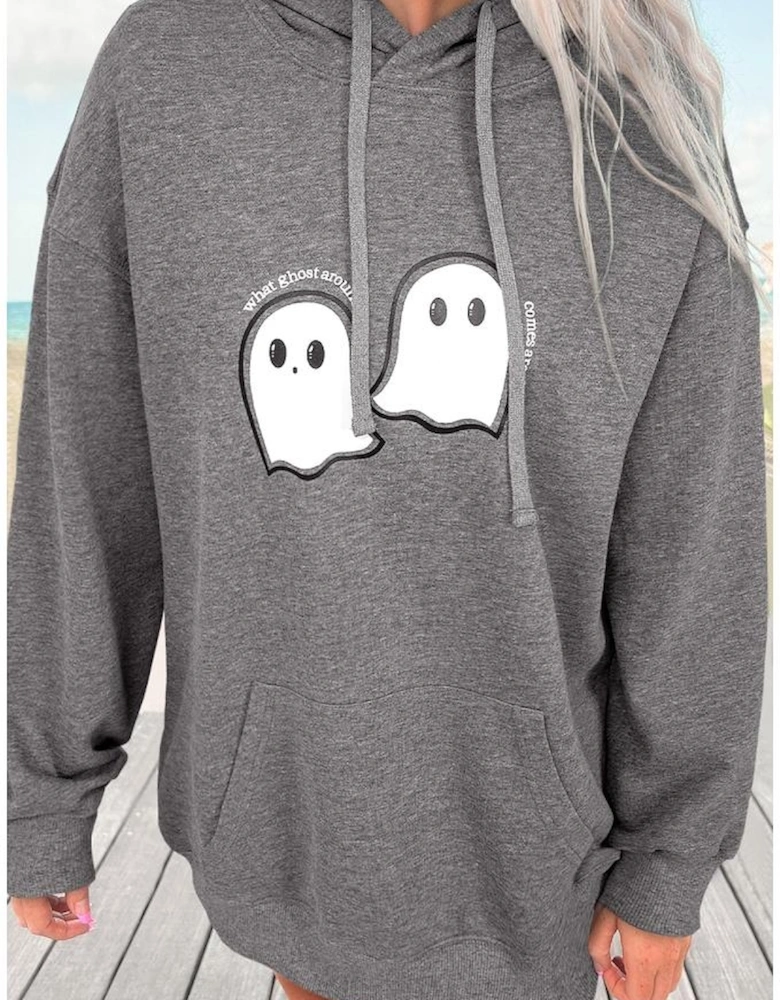 Dark Grey Cute Halloween Ghost Print Mineral Wash Oversize Hoodie