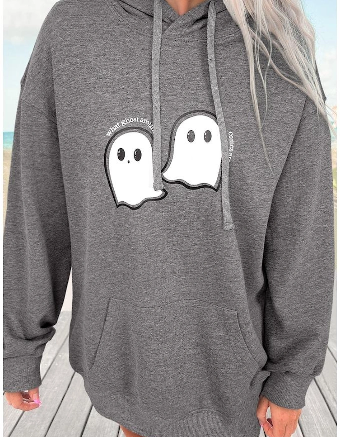 Dark Grey Cute Halloween Ghost Print Mineral Wash Oversize Hoodie
