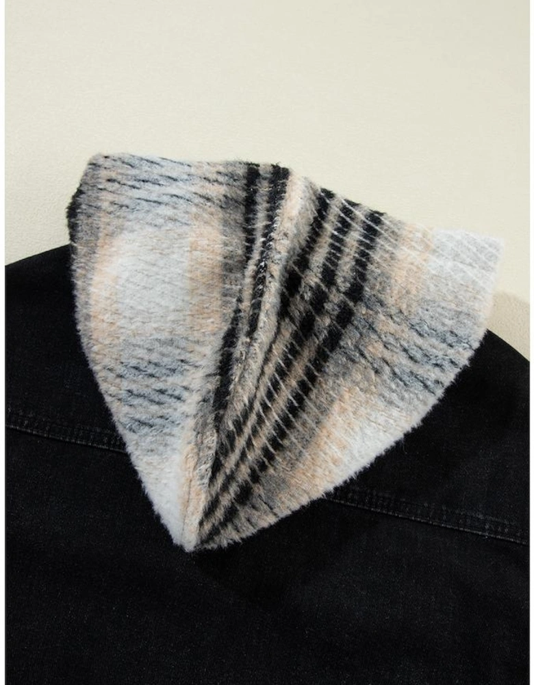 Black Plaid Sleeve Frayed Hem Hooded Denim Jacket