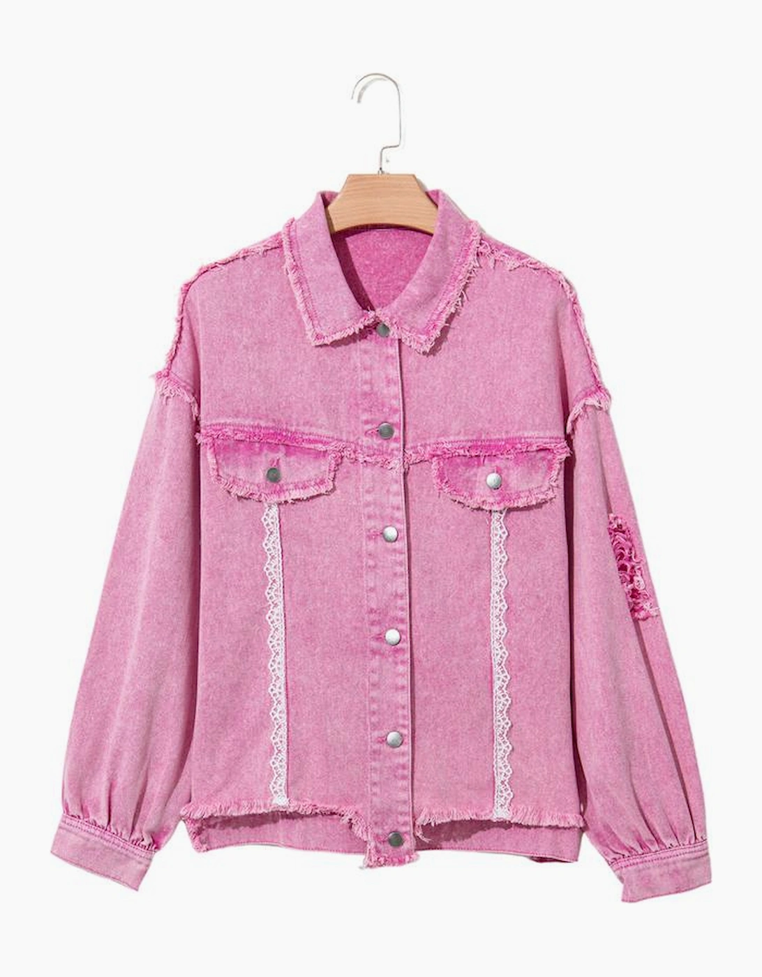 Pink Lace Patchwork Distressed Buttoned Denim Jacket, 16 of 15