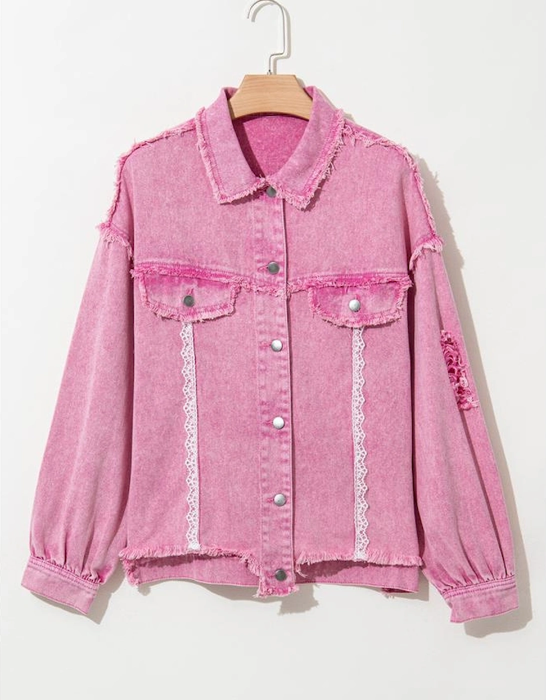 Pink Lace Patchwork Distressed Buttoned Denim Jacket