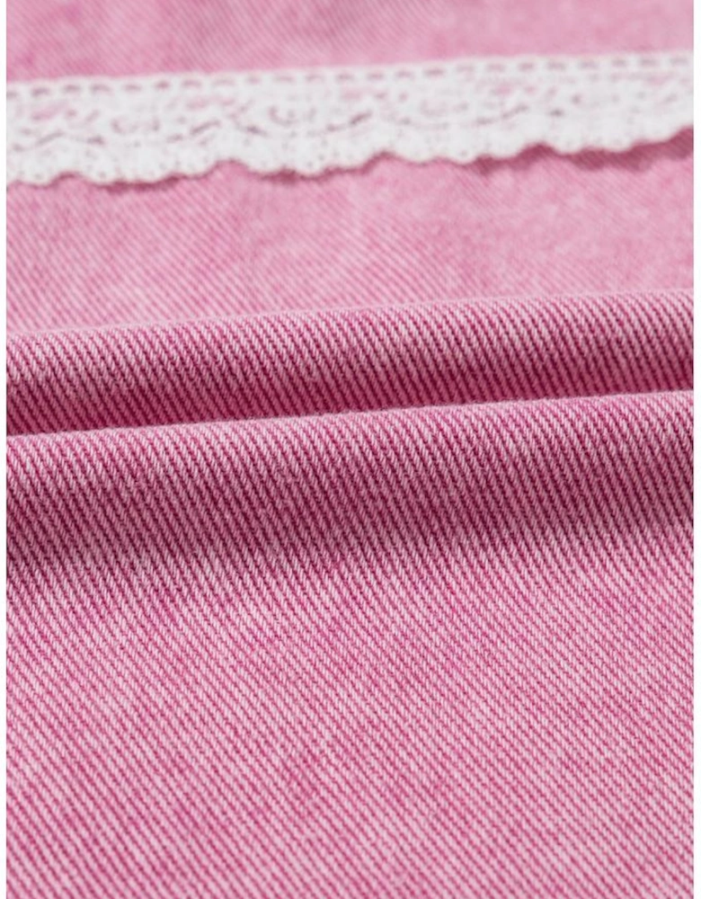 Pink Lace Patchwork Distressed Buttoned Denim Jacket