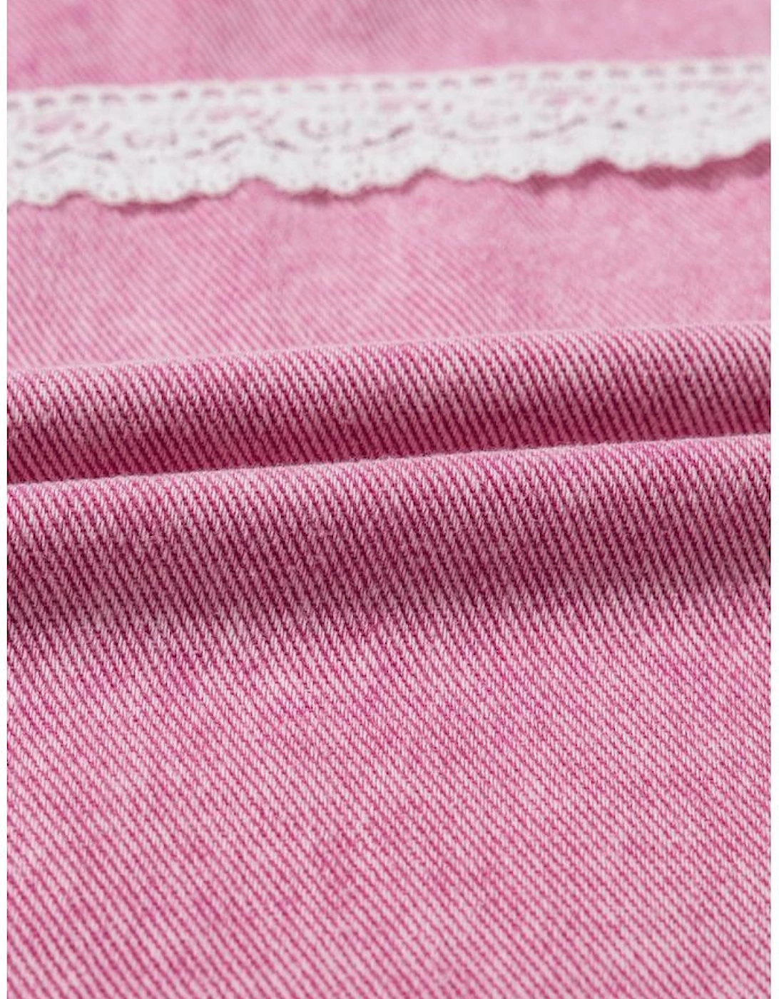 Pink Lace Patchwork Distressed Buttoned Denim Jacket