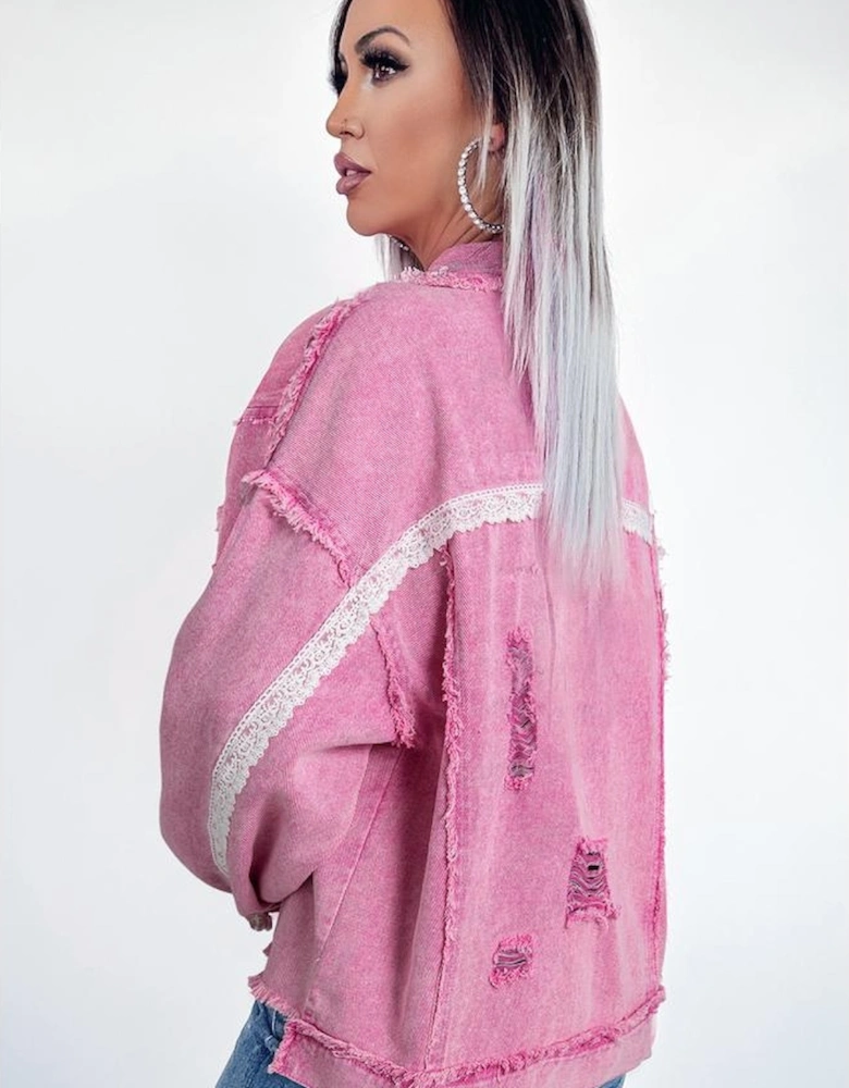 Pink Lace Patchwork Distressed Buttoned Denim Jacket