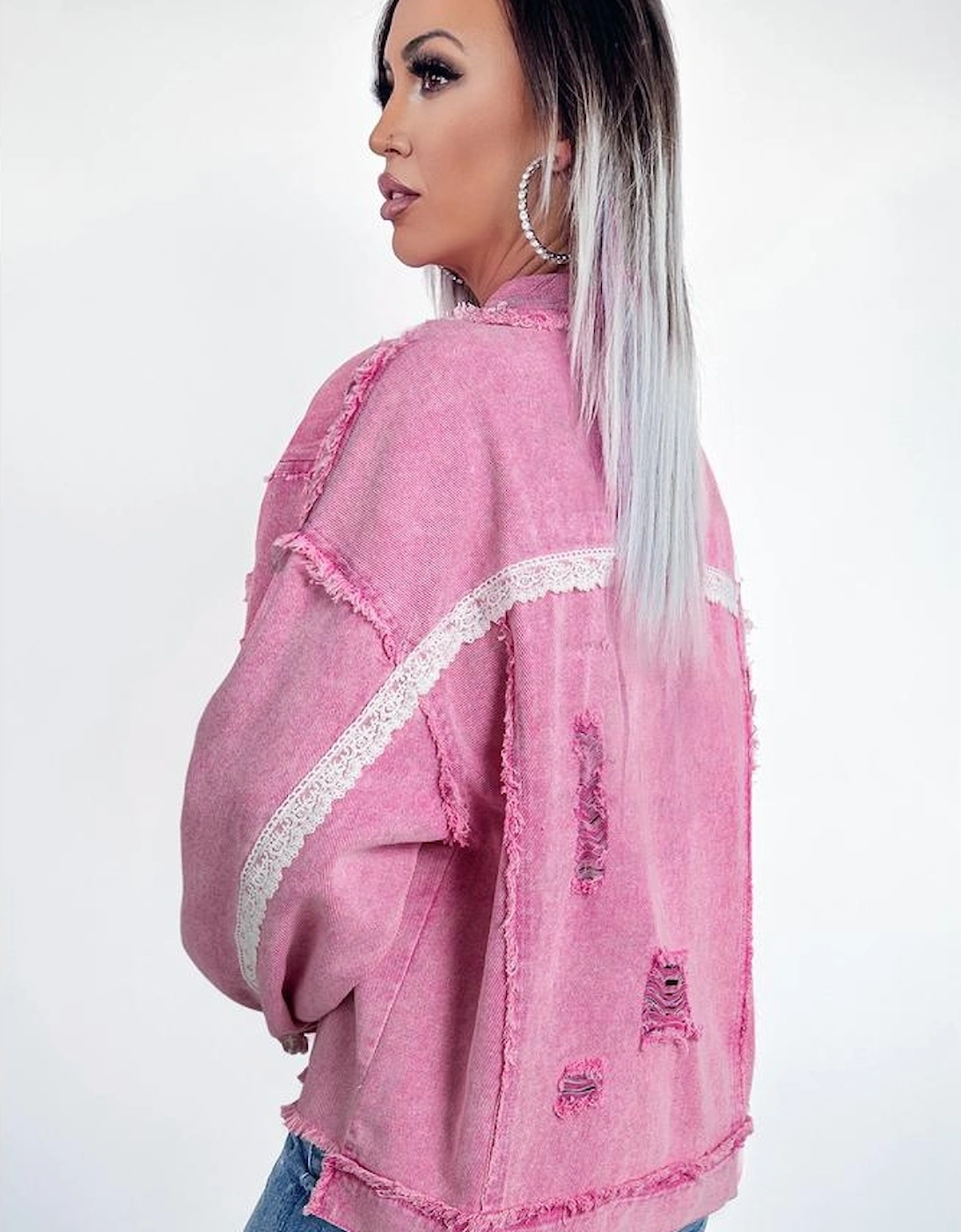Pink Lace Patchwork Distressed Buttoned Denim Jacket