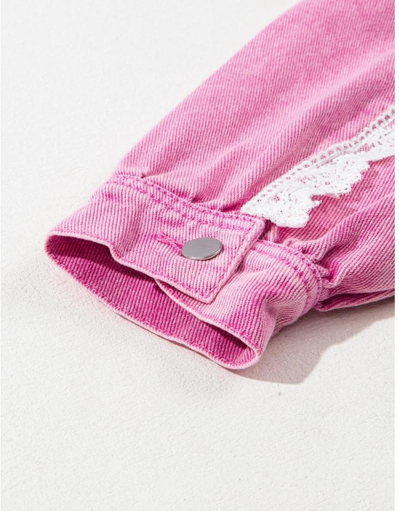 Pink Lace Patchwork Distressed Buttoned Denim Jacket
