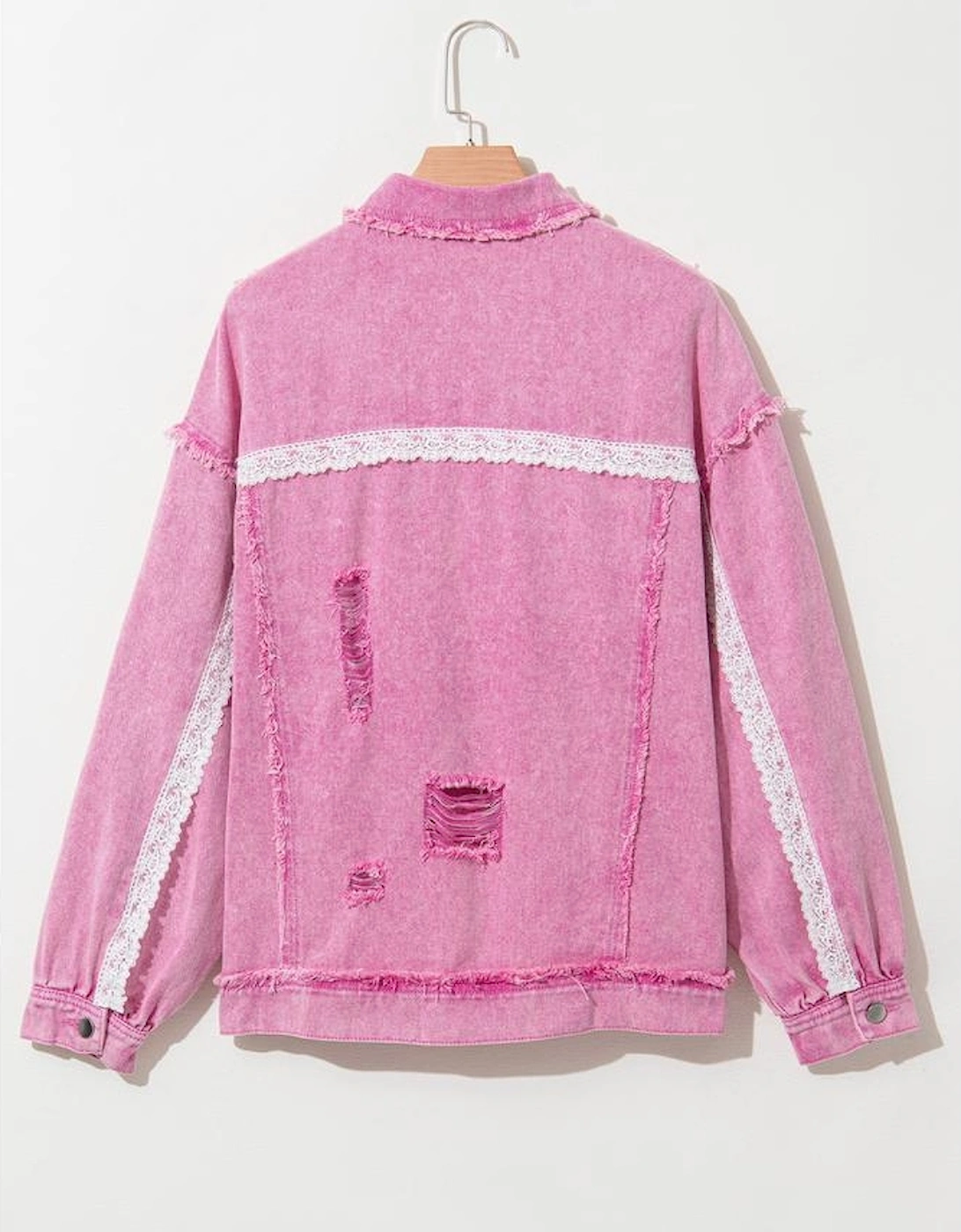 Pink Lace Patchwork Distressed Buttoned Denim Jacket