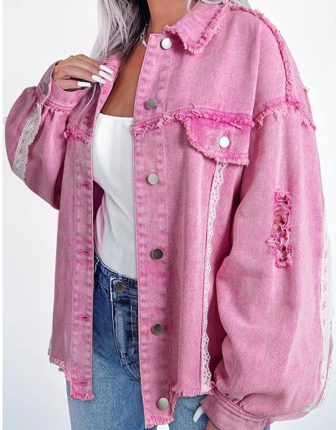 Pink Lace Patchwork Distressed Buttoned Denim Jacket