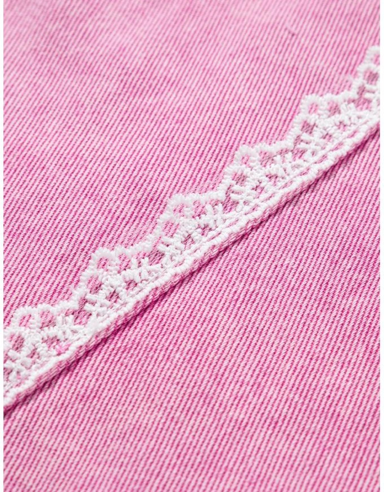 Pink Lace Patchwork Distressed Buttoned Denim Jacket