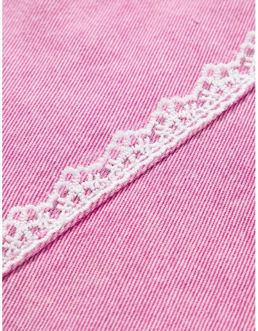 Pink Lace Patchwork Distressed Buttoned Denim Jacket