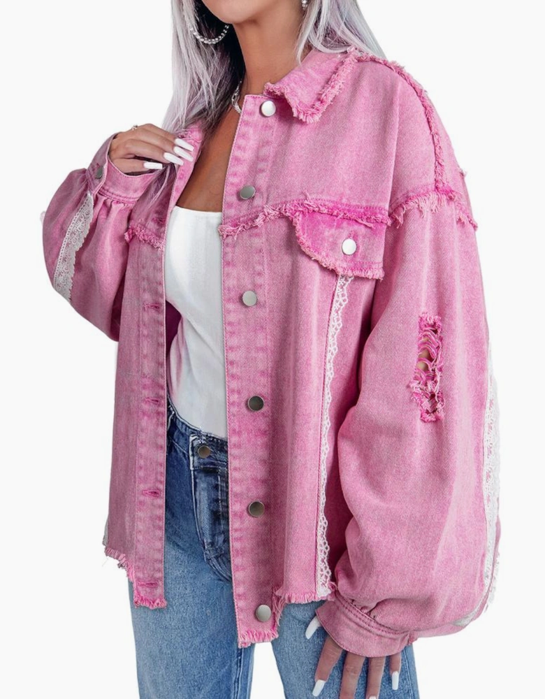 Pink Lace Patchwork Distressed Buttoned Denim Jacket