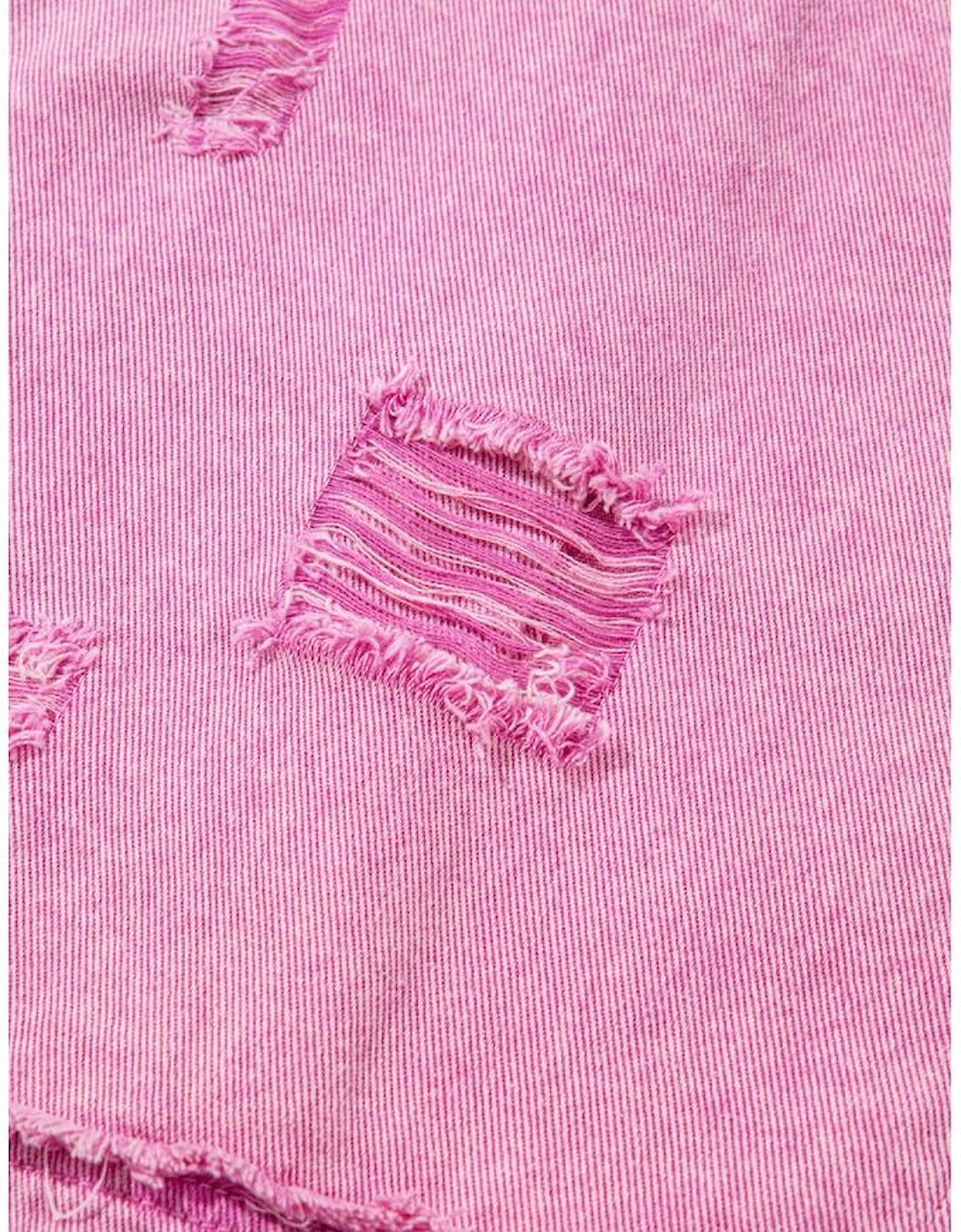 Pink Lace Patchwork Distressed Buttoned Denim Jacket