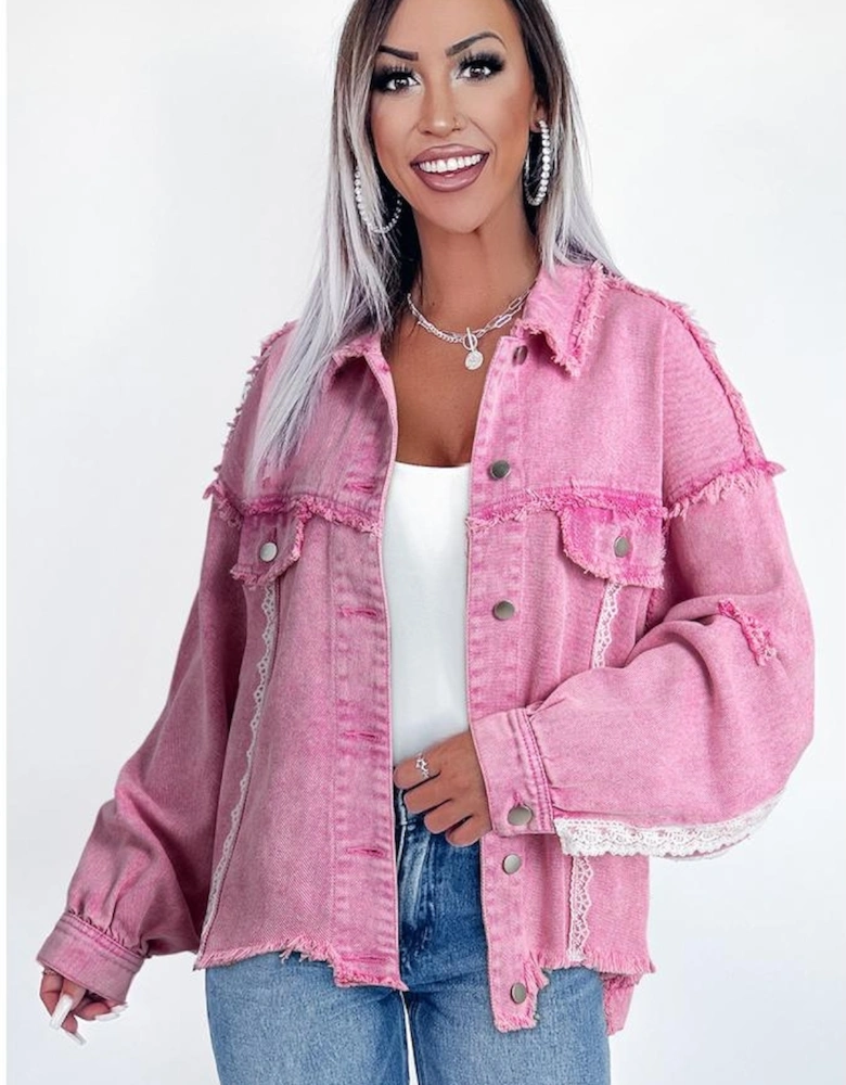 Pink Lace Patchwork Distressed Buttoned Denim Jacket