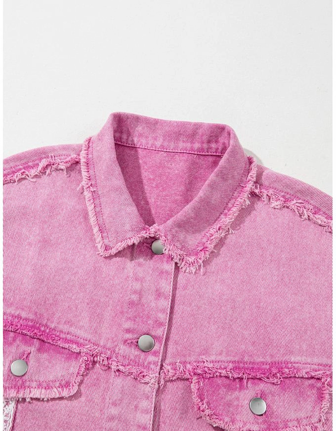 Pink Lace Patchwork Distressed Buttoned Denim Jacket