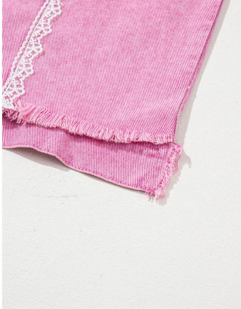 Pink Lace Patchwork Distressed Buttoned Denim Jacket