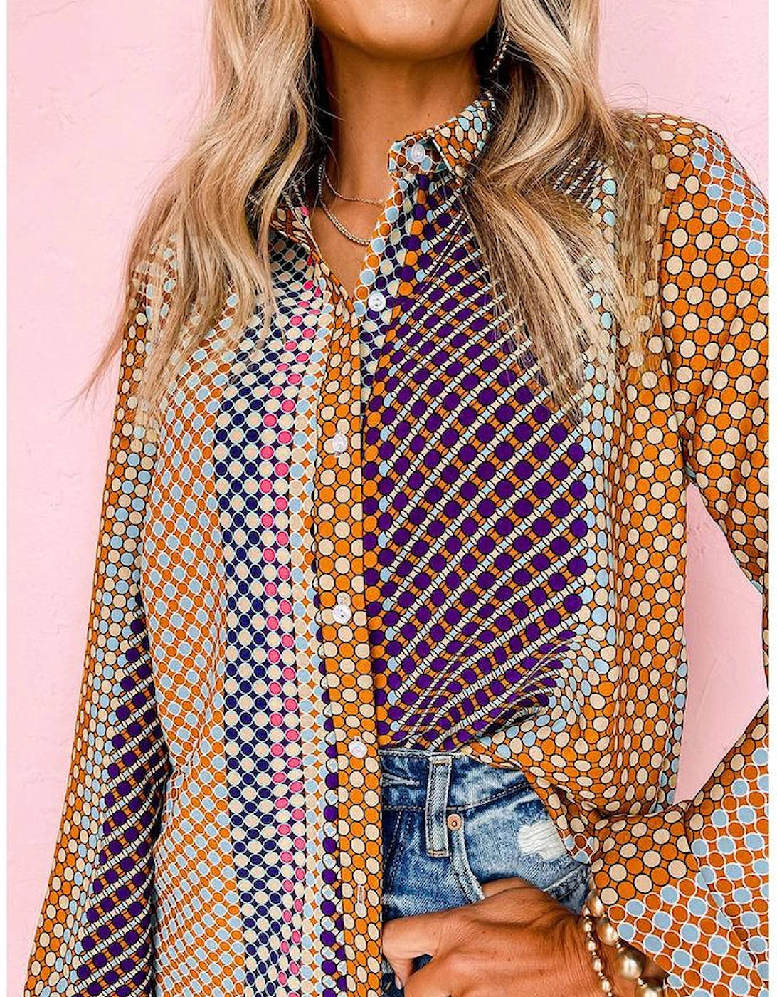 Azura Exchange Long Sleeve Dot Print Button Down Shirt, 13 of 12