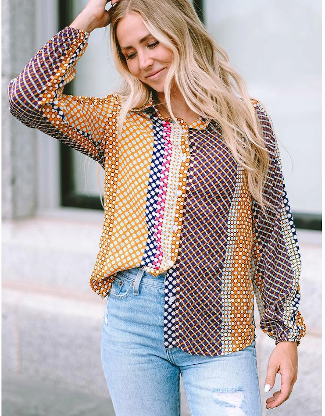 Azura Exchange Long Sleeve Dot Print Button Down Shirt